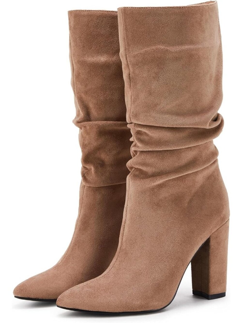 Women's Khaki Winter Slouchy High Heel Chunky Block Pointed Toe Mid Calf Boots